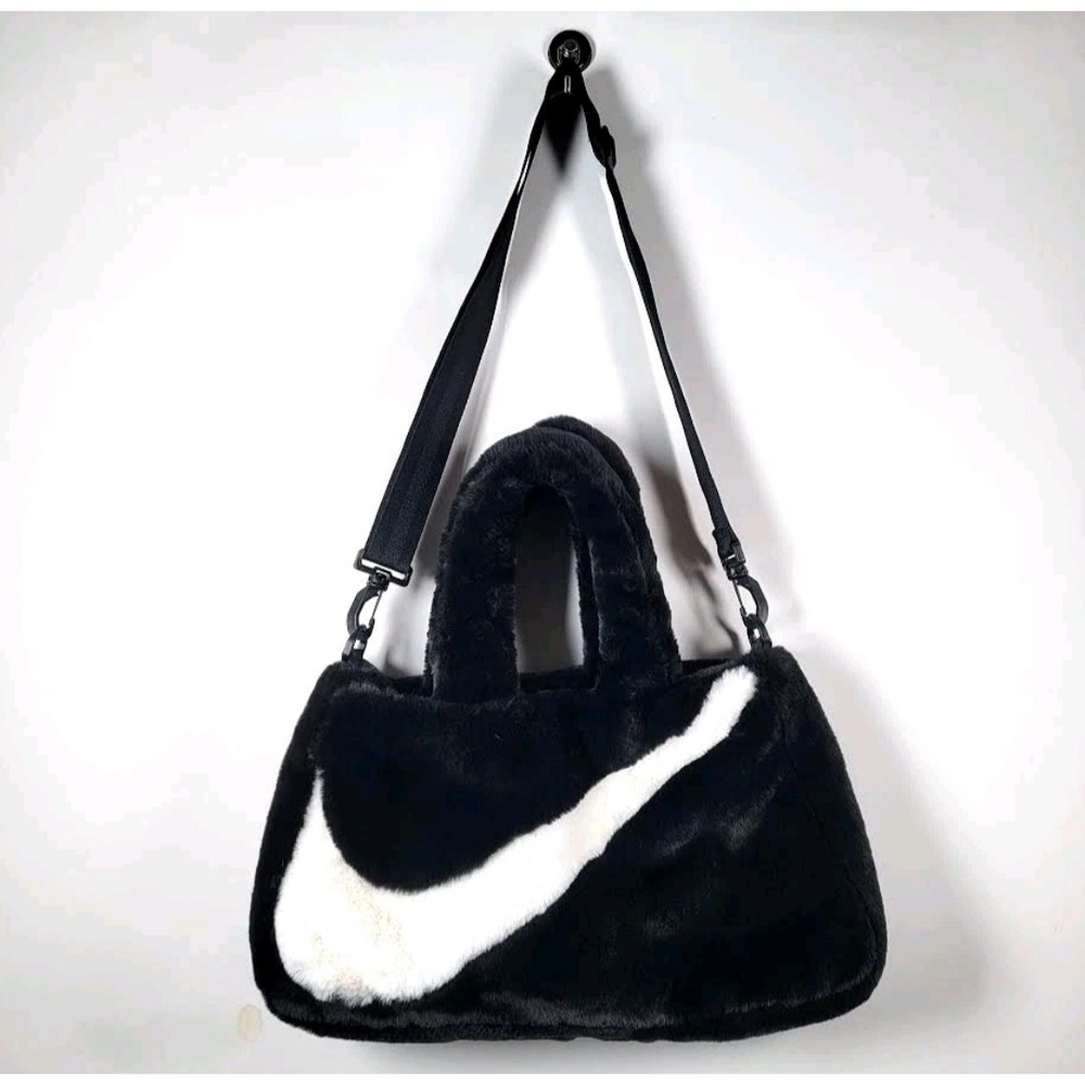 Nike Faux Fur Tote Bag Black White Oversized Swoosh Crossbody DQ5804-010